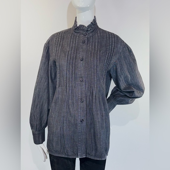 See By Chloe Tops - SEE BY CHOLÉ Ash Black Cotton Ruffled Denim Mock Neck Long Sleeves Shirt Size:S
